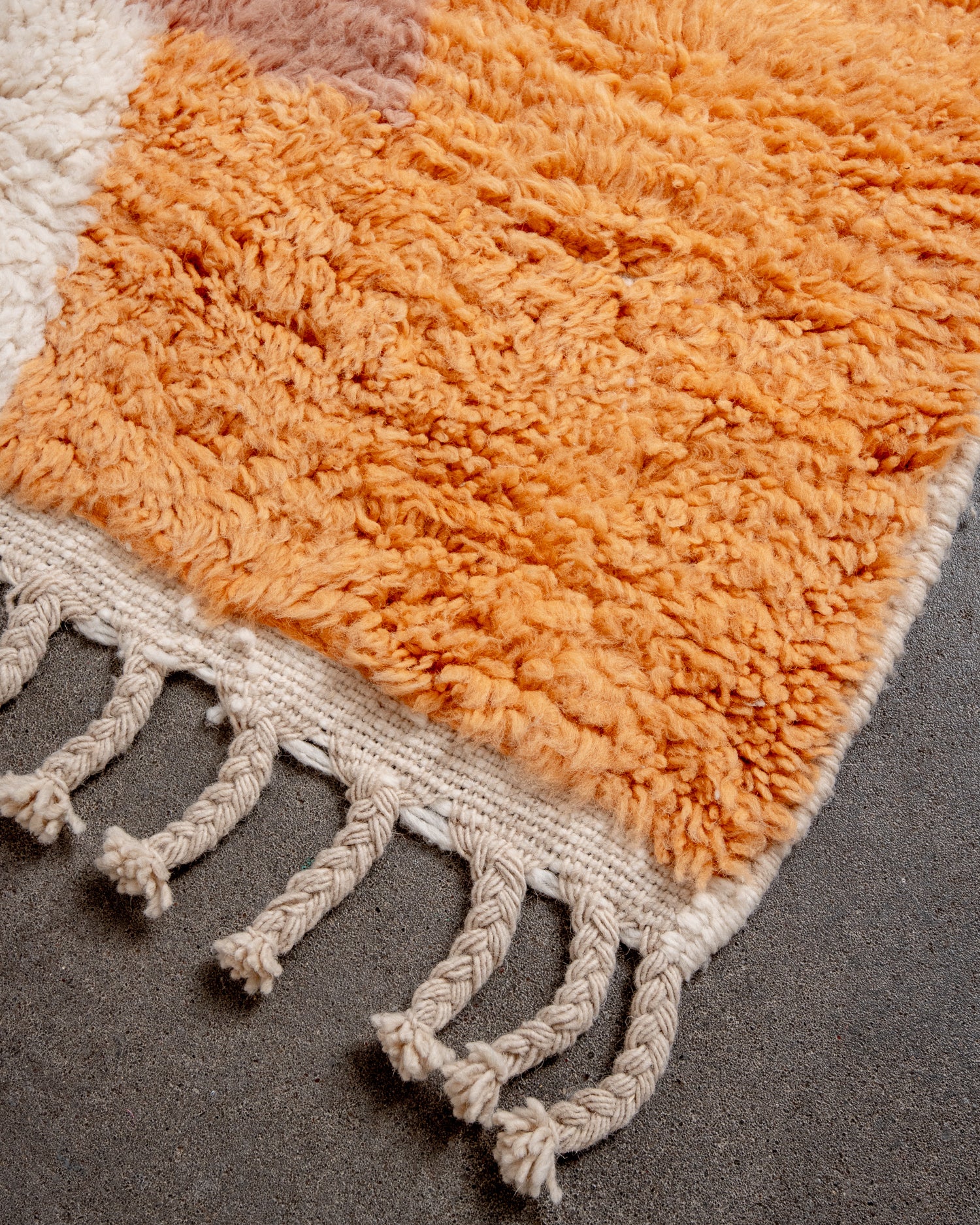 Modern, designer, handcrafted Berber rug from Morocco. Beniourain carpet with beautiful colours and patterns and fluffy wool texture.
